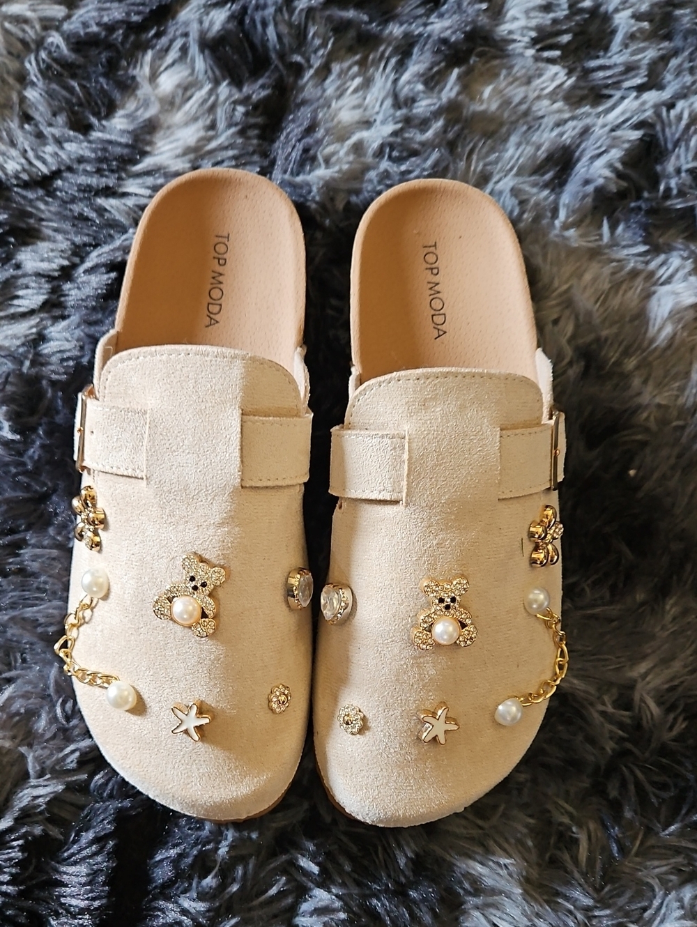 TOP Moda Beige Suede Slip-On Mules with Gold & Pearl Charms